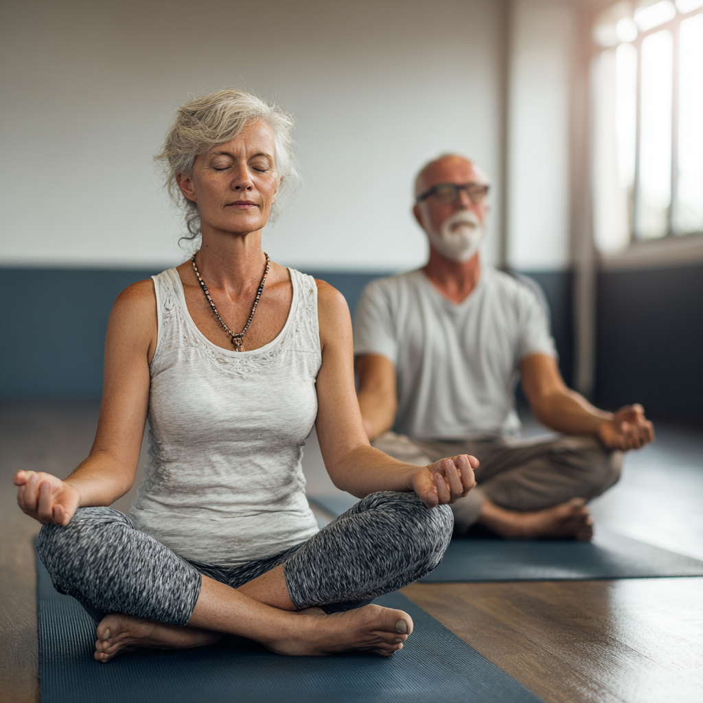 Mature adults practicing yoga in peaceful studio environment