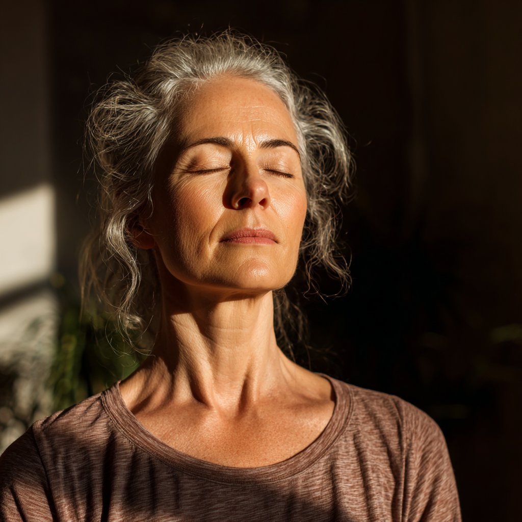 Serene middle-aged woman practicing mindful yoga in natural light
